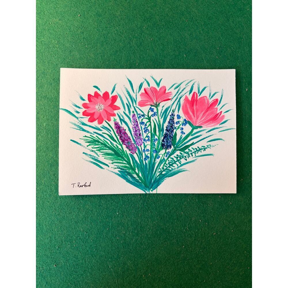 Hand painted gouache original painting flowers bouquet pink purple blue green